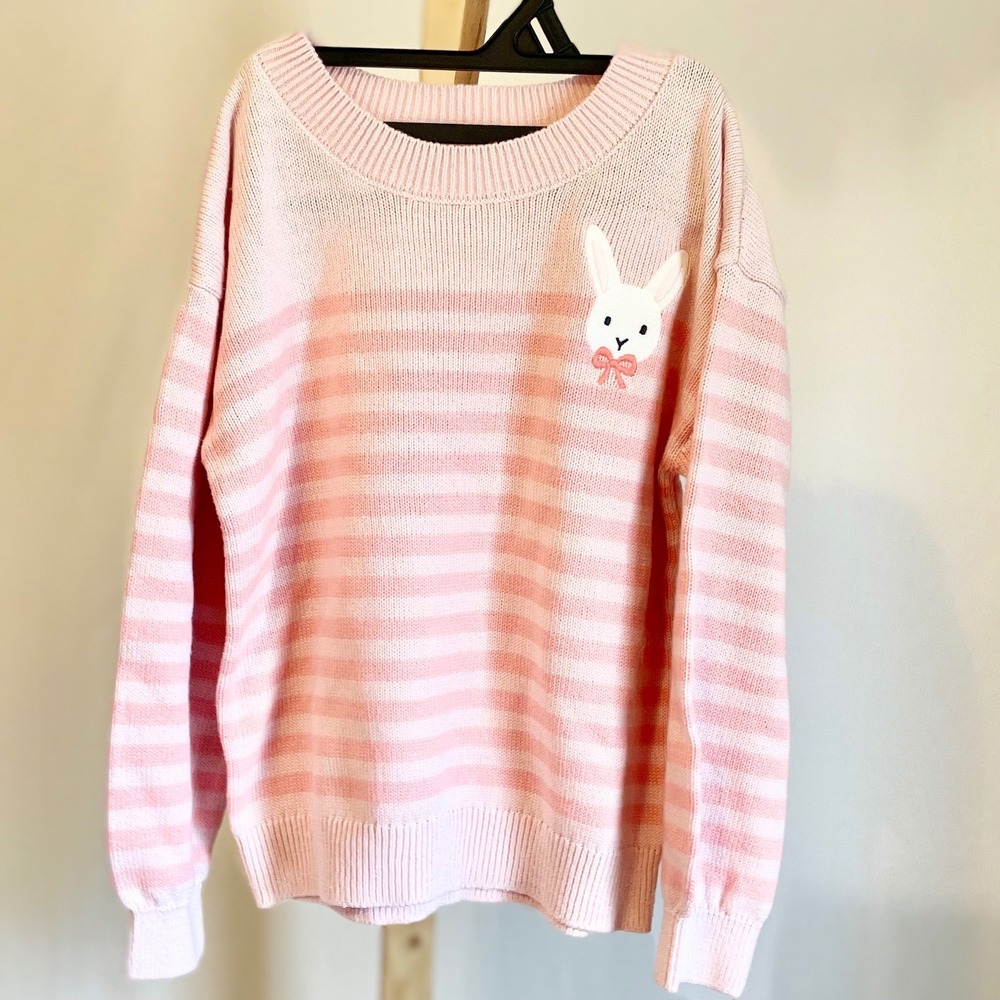 Cat & Jack Girls Pink Striped Bunny Knit Sweater Pullover Size 4T